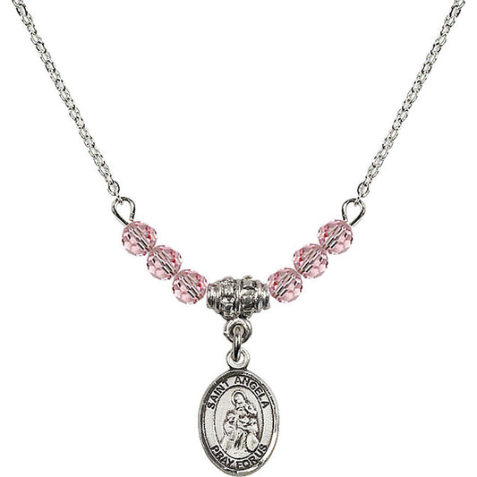 Sterling Silver Saint Angela Merici Birthstone Necklace with Light Rose Beads - 9284