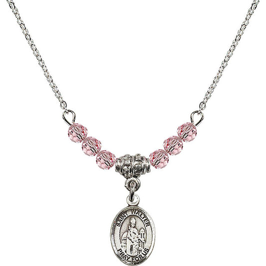 Sterling Silver Saint Walter of Pontoise Birthstone Necklace with Light Rose Beads - 9285