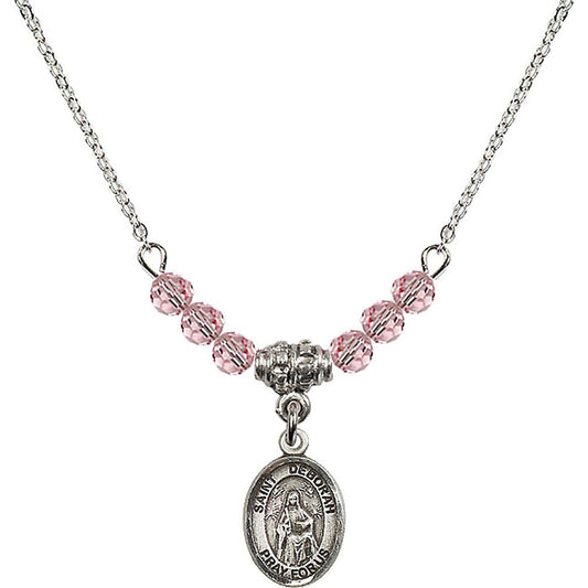 Sterling Silver Saint Deborah Birthstone Necklace with Light Rose Beads - 9286