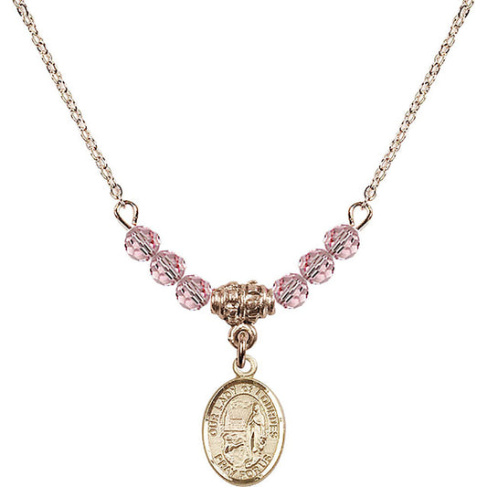 14kt Gold Filled Our Lady of Lourdes Birthstone Necklace with Light Rose Beads - 9288