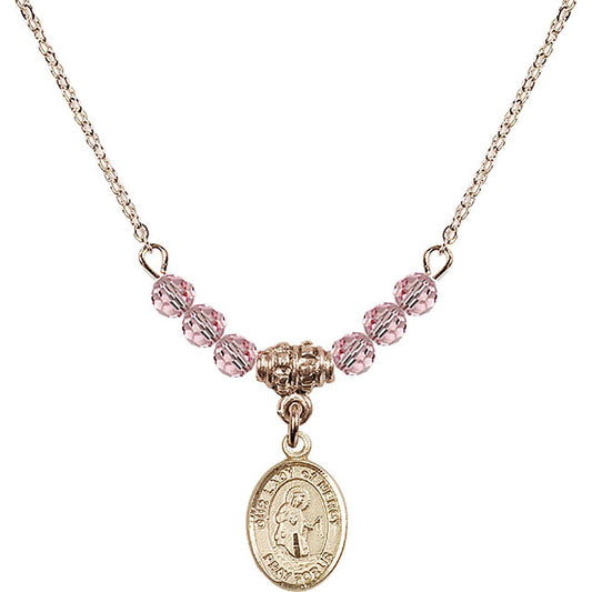 14kt Gold Filled Our Lady of Mercy Birthstone Necklace with Light Rose Beads - 9289