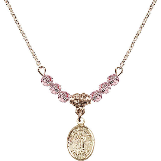 14kt Gold Filled Saint Peter Nolasco Birthstone Necklace with Light Rose Beads - 9291