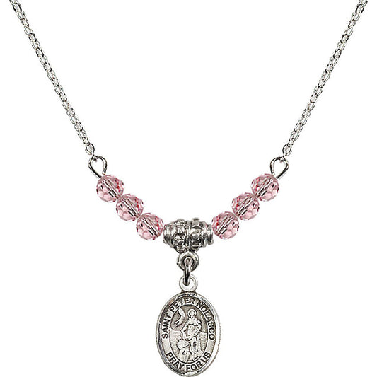 Sterling Silver Saint Peter Nolasco Birthstone Necklace with Light Rose Beads - 9291
