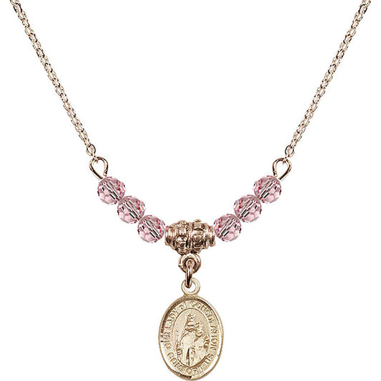 14kt Gold Filled Our Lady of Consolation Birthstone Necklace with Light Rose Beads - 9292