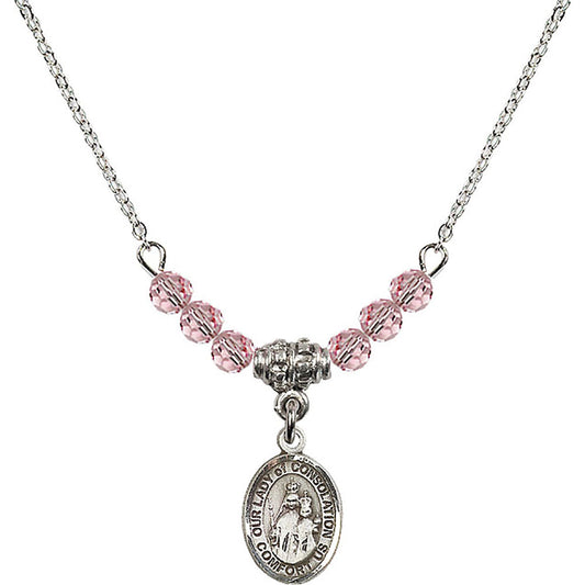 Sterling Silver Our Lady of Consolation Birthstone Necklace with Light Rose Beads - 9292