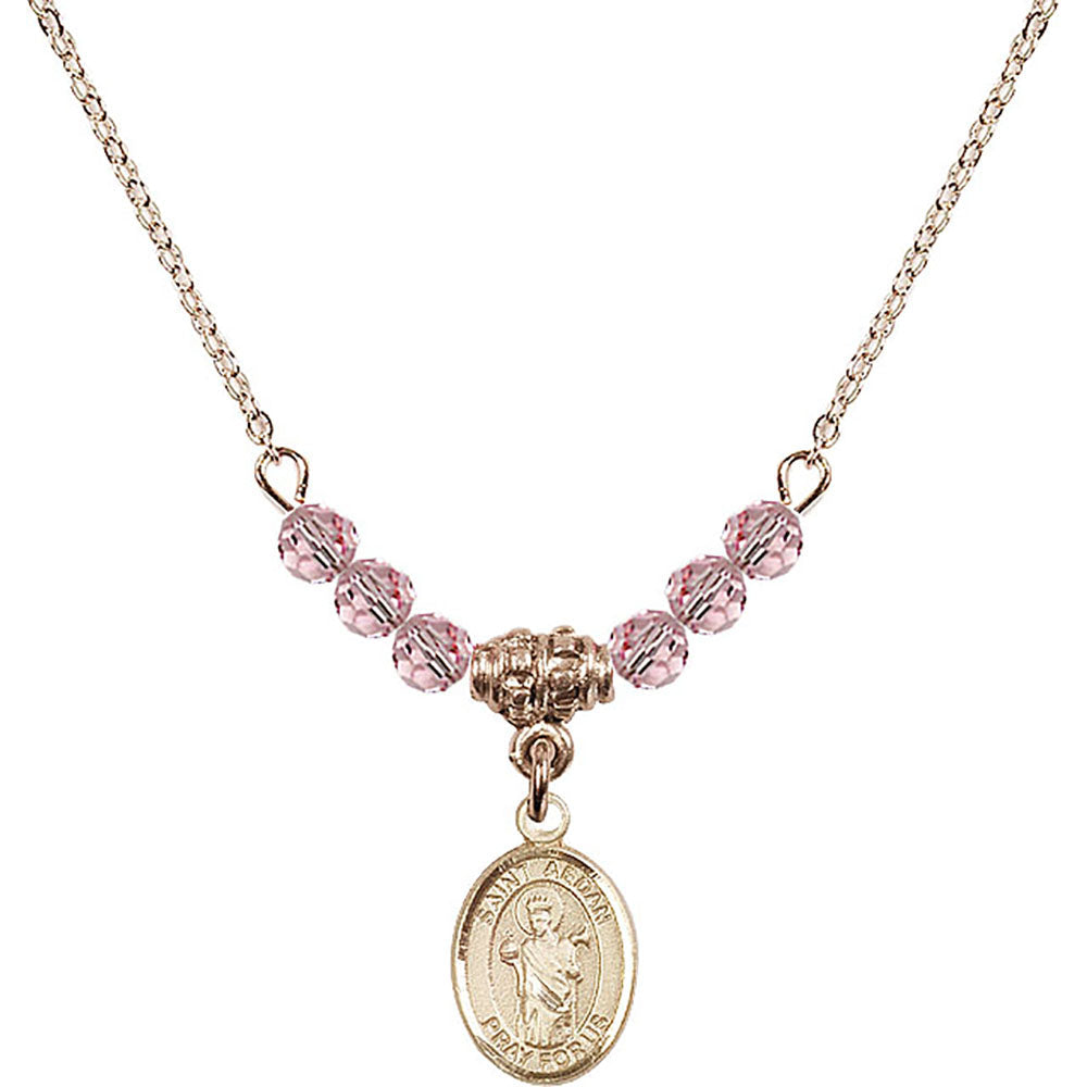 14kt Gold Filled Saint Aedan of Ferns Birthstone Necklace with Light Rose Beads - 9293