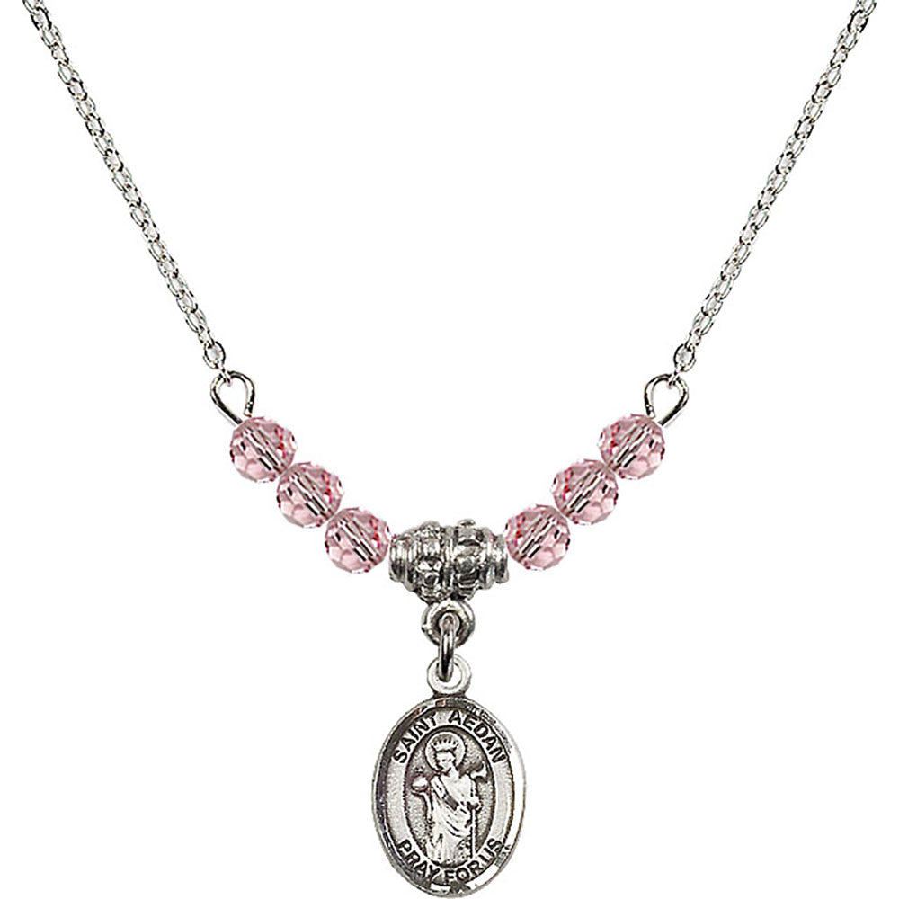 Sterling Silver Saint Aedan of Ferns Birthstone Necklace with Light Rose Beads - 9293