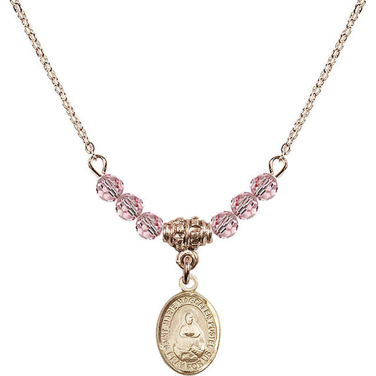 14kt Gold Filled Saint Marie Magdalen Postel Birthstone Necklace with Light Rose Beads - 9294