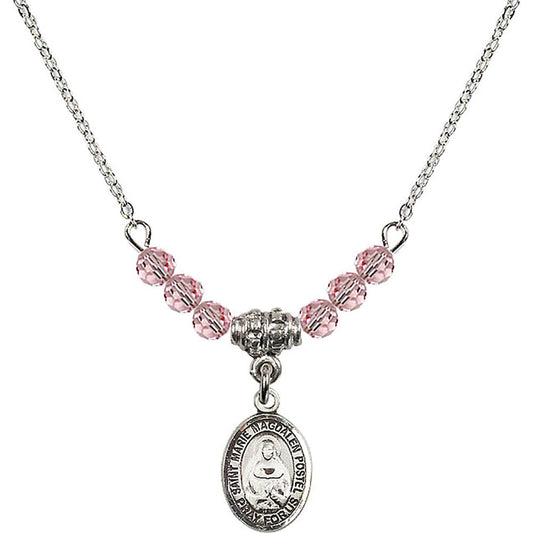 Sterling Silver Saint Marie Magdalen Postel Birthstone Necklace with Light Rose Beads - 9294