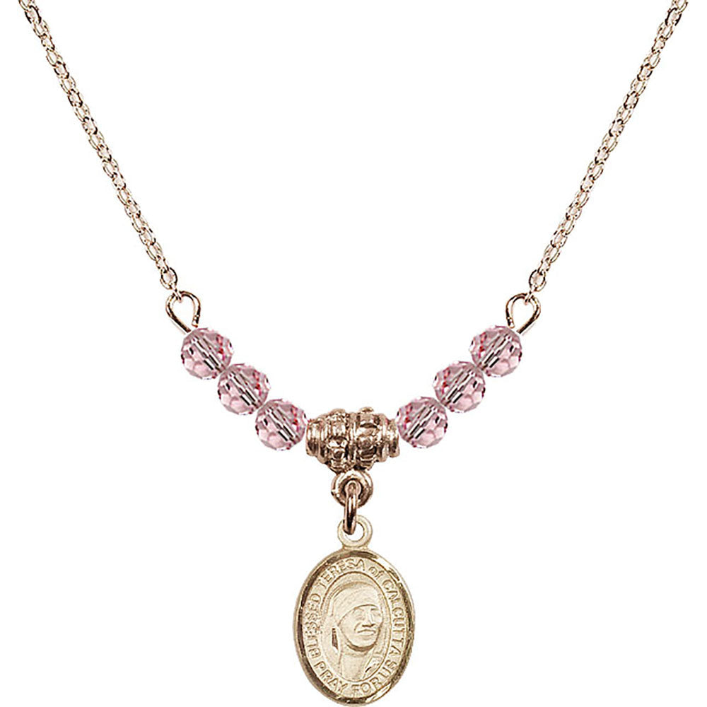 14kt Gold Filled Saint Teresa of Calcutta Birthstone Necklace with Light Rose Beads - 9295