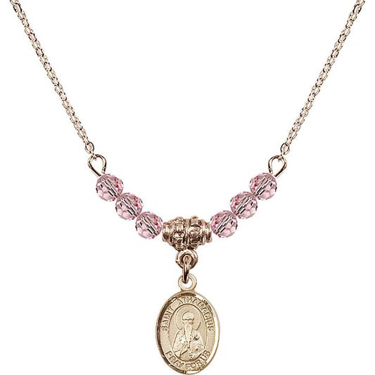 14kt Gold Filled Saint Athanasius Birthstone Necklace with Light Rose Beads - 9296