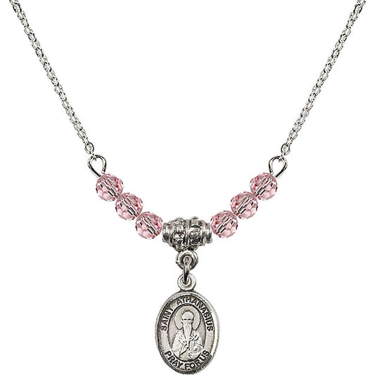 Sterling Silver Saint Athanasius Birthstone Necklace with Light Rose Beads - 9296