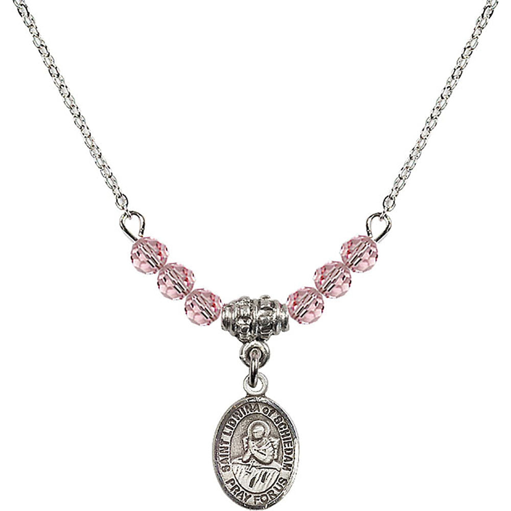 Sterling Silver Saint Lidwina of Schiedam Birthstone Necklace with Light Rose Beads - 9297