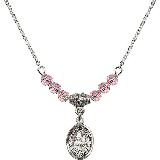 Sterling Silver Our Lady of Prompt Succor Birthstone Necklace with Light Rose Beads - 9299