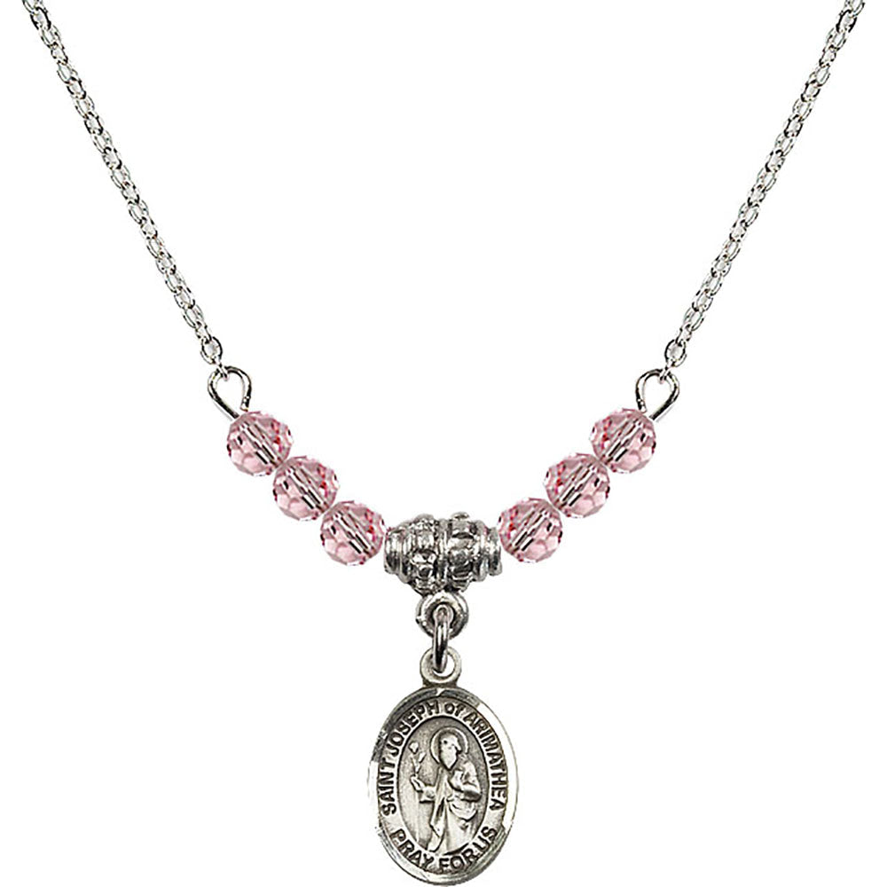Sterling Silver Saint Joseph of Arimathea Birthstone Necklace with Light Rose Beads - 9300