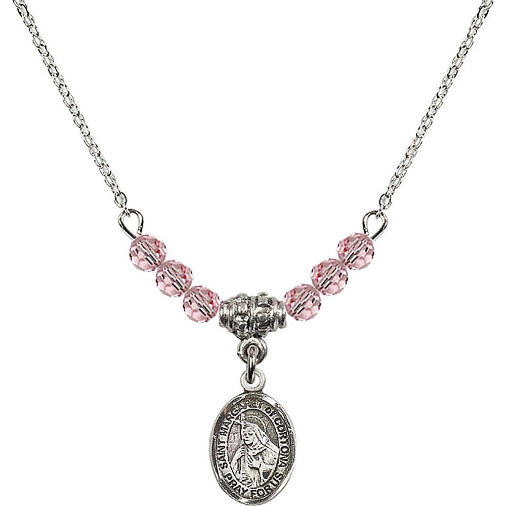 Sterling Silver Saint Margaret of Cortona Birthstone Necklace with Light Rose Beads - 9301