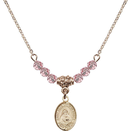 14kt Gold Filled Saint Bede the Venerable Birthstone Necklace with Light Rose Beads - 9302