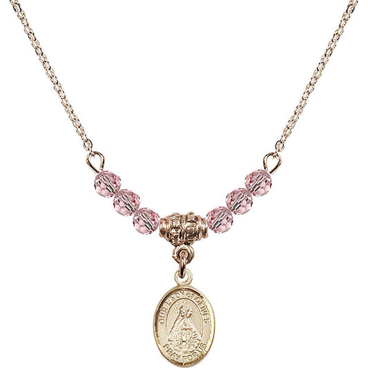 14kt Gold Filled Our Lady of Olives Birthstone Necklace with Light Rose Beads - 9303