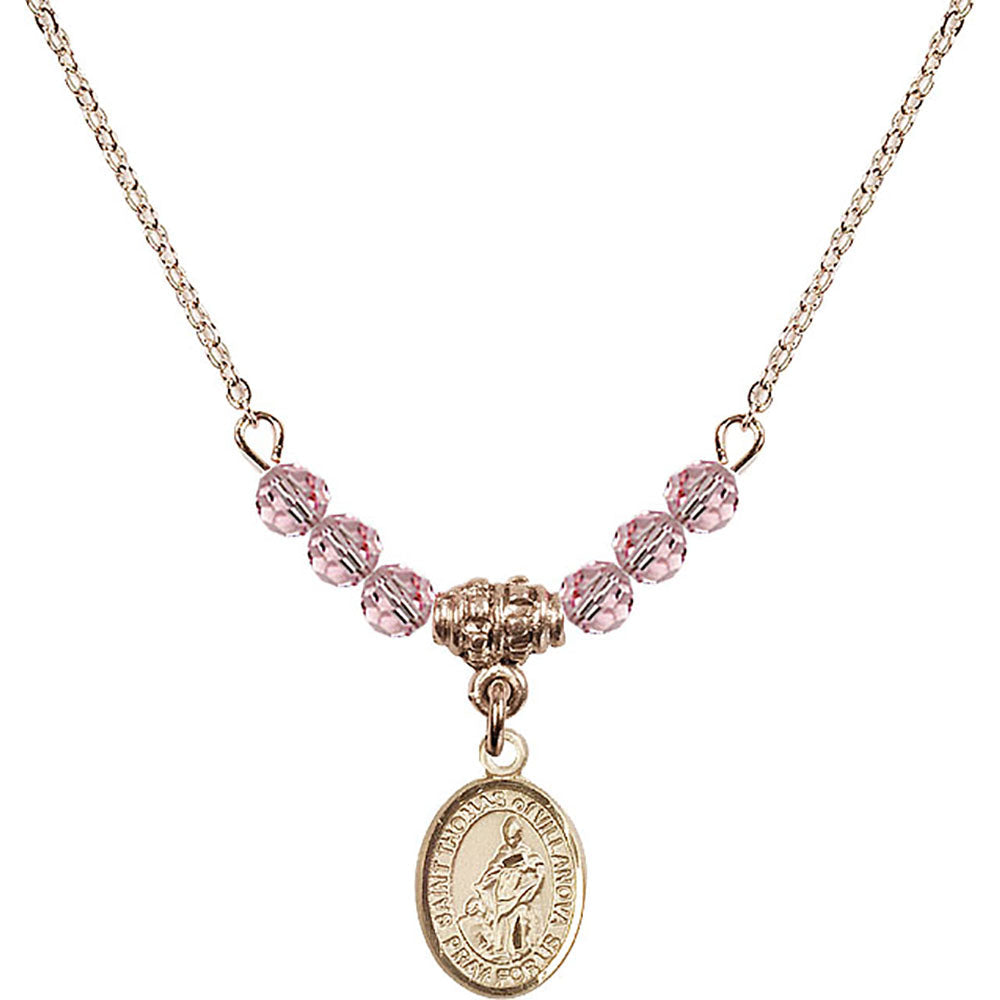 14kt Gold Filled Saint Thomas of Villanova Birthstone Necklace with Light Rose Beads - 9304