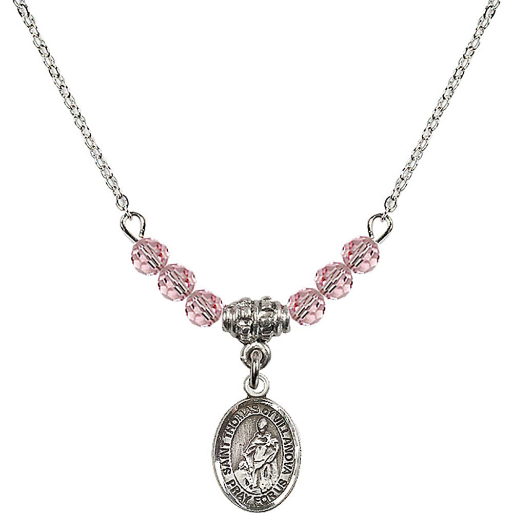 Sterling Silver Saint Thomas of Villanova Birthstone Necklace with Light Rose Beads - 9304