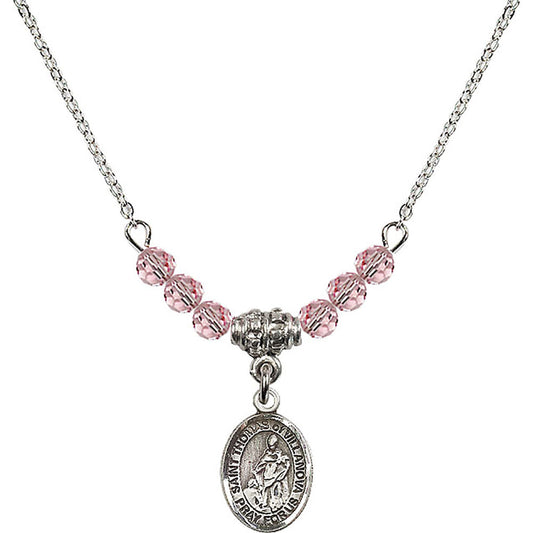 Sterling Silver Saint Thomas of Villanova Birthstone Necklace with Light Rose Beads - 9304