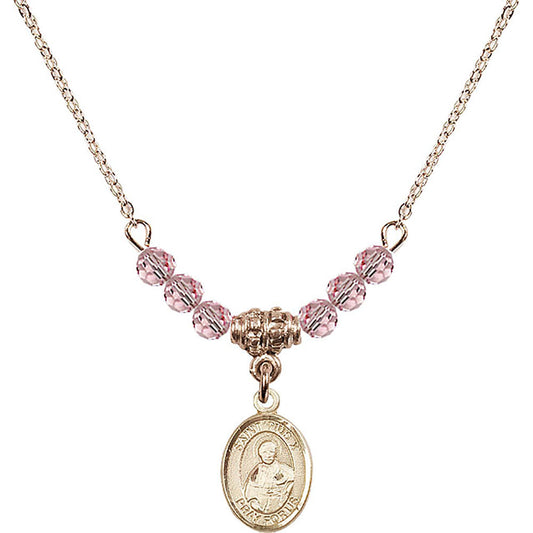 14kt Gold Filled Saint Pius X Birthstone Necklace with Light Rose Beads - 9305