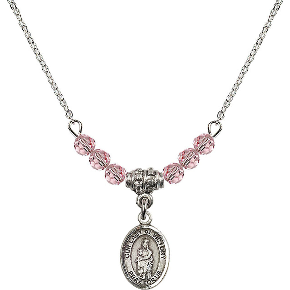 Sterling Silver Our Lady of Victory Birthstone Necklace with Light Rose Beads - 9306