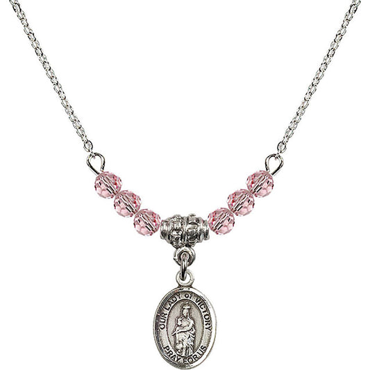 Sterling Silver Our Lady of Victory Birthstone Necklace with Light Rose Beads - 9306