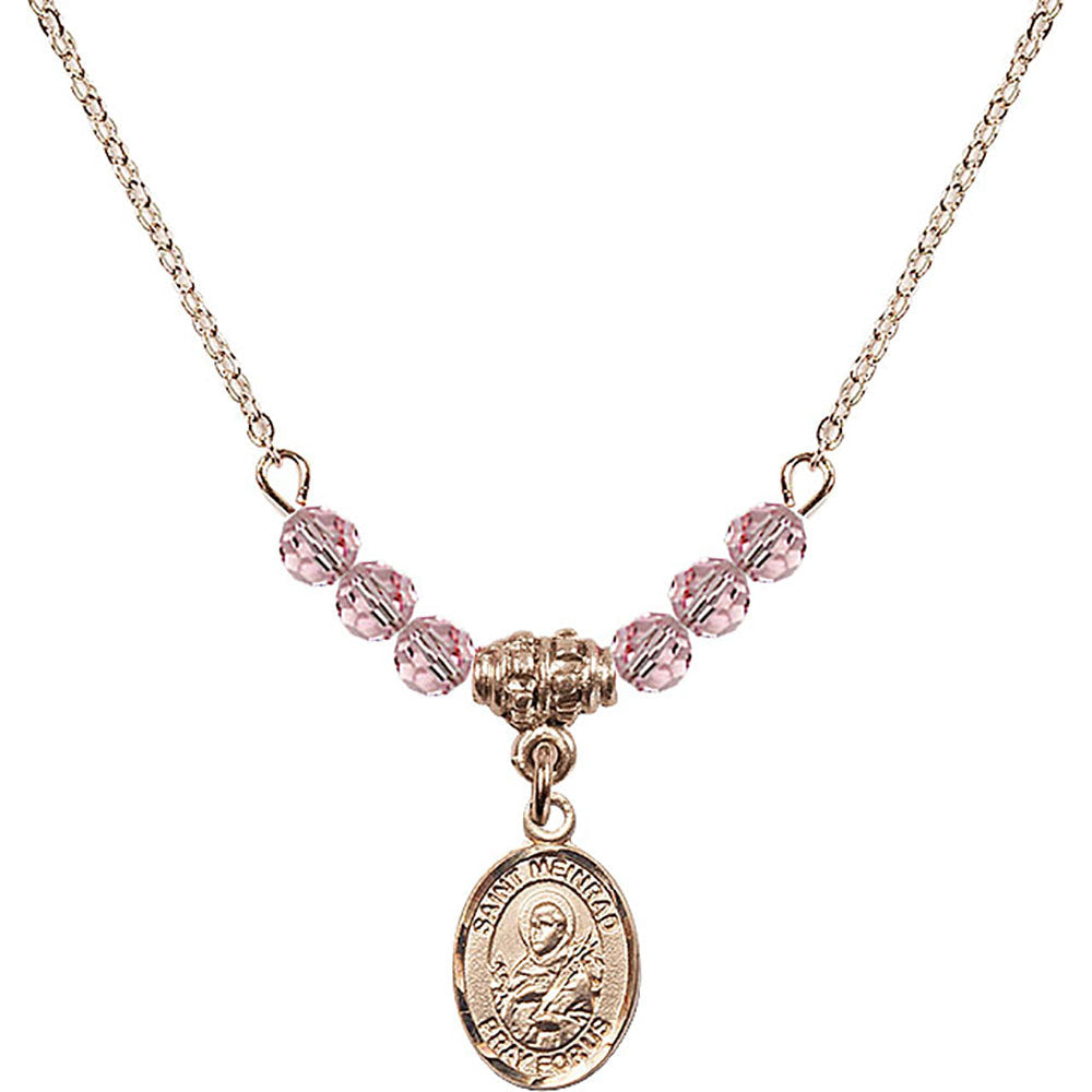 14kt Gold Filled Saint Meinrad of Einsiedeln Birthstone Necklace with Light Rose Beads - 9307