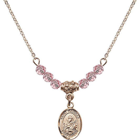 14kt Gold Filled Saint Meinrad of Einsiedeln Birthstone Necklace with Light Rose Beads - 9307