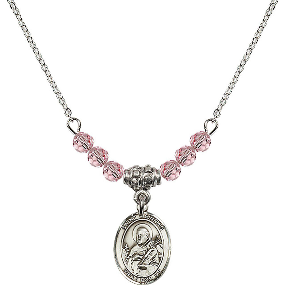 Sterling Silver Saint Meinrad of Einsiedeln Birthstone Necklace with Light Rose Beads - 9307