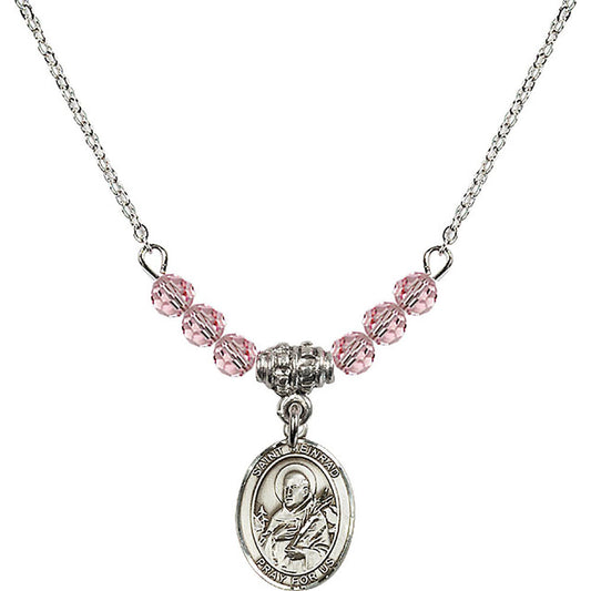 Sterling Silver Saint Meinrad of Einsiedeln Birthstone Necklace with Light Rose Beads - 9307