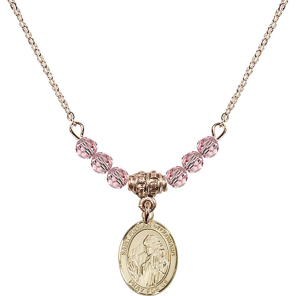14kt Gold Filled Saint Finnian of Clonard Birthstone Necklace with Light Rose Beads - 9308