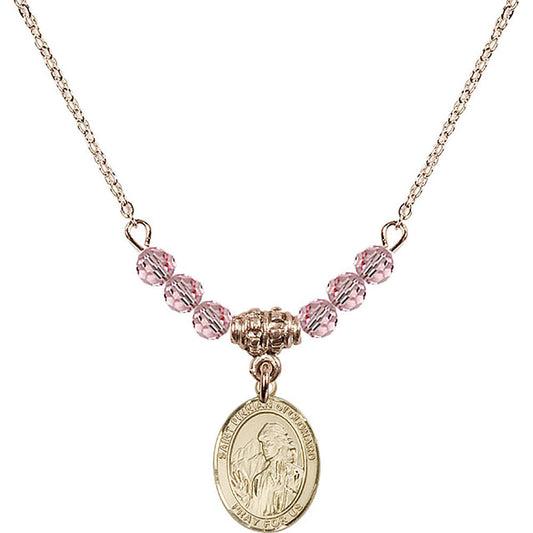14kt Gold Filled Saint Finnian of Clonard Birthstone Necklace with Light Rose Beads - 9308