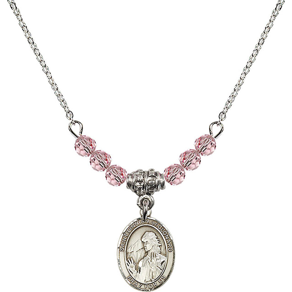 Sterling Silver Saint Finnian of Clonard Birthstone Necklace with Light Rose Beads - 9308