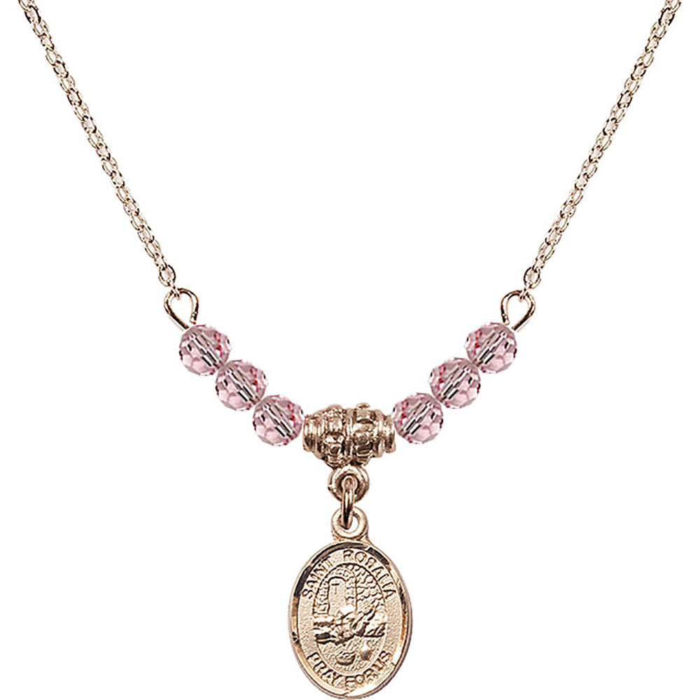14kt Gold Filled Saint Rosalia Birthstone Necklace with Light Rose Beads - 9309