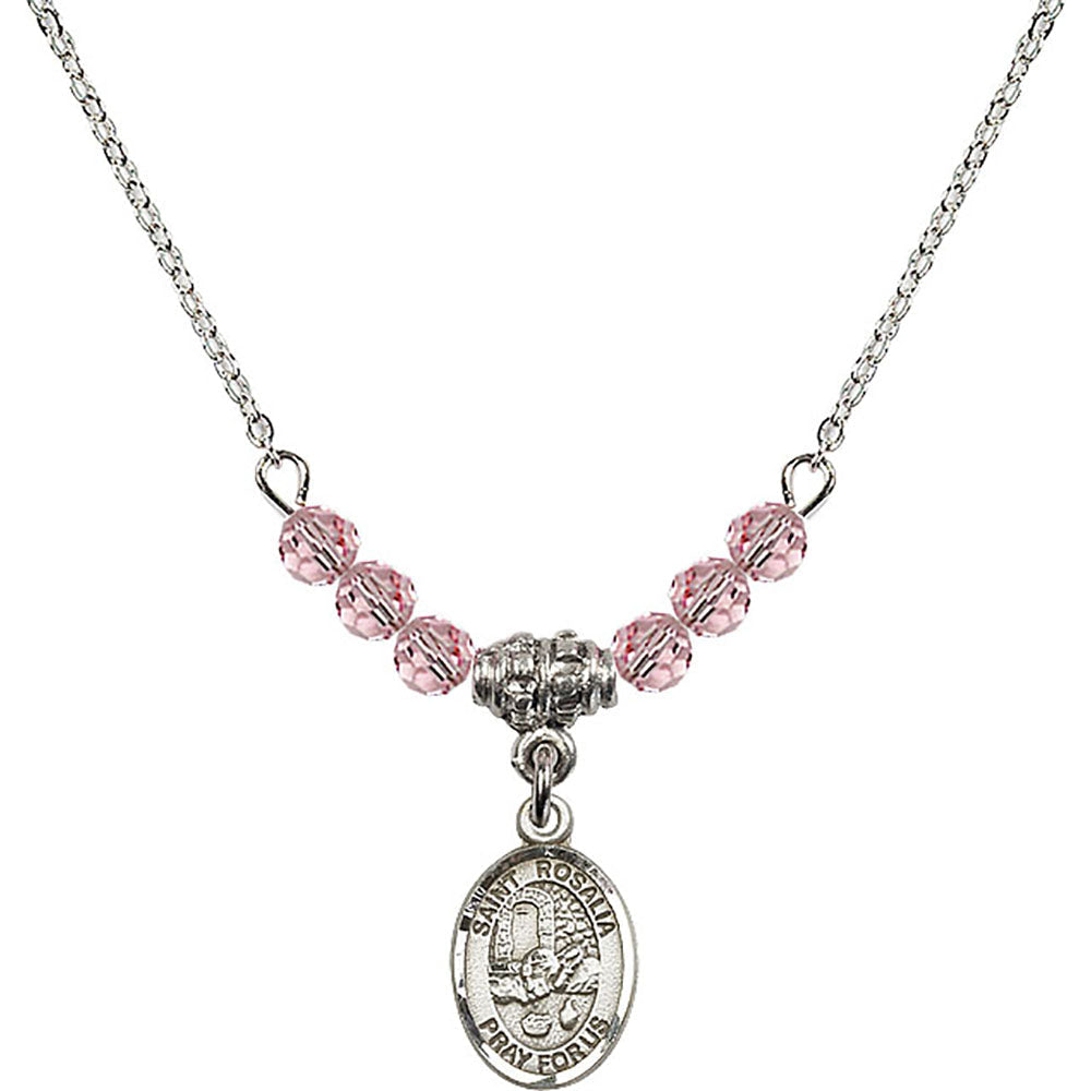 Sterling Silver Saint Rosalia Birthstone Necklace with Light Rose Beads - 9309