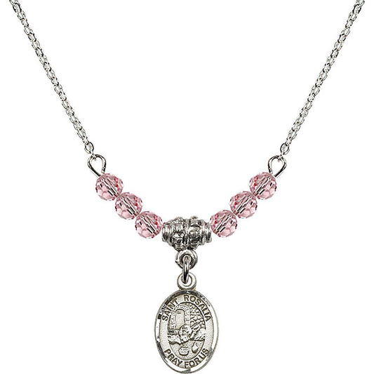 Sterling Silver Saint Rosalia Birthstone Necklace with Light Rose Beads - 9309