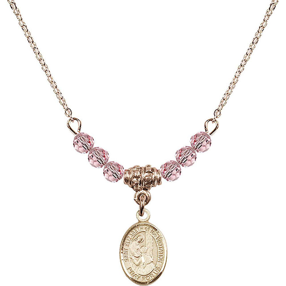 14kt Gold Filled Saint Elizabeth of the Visitation Birthstone Necklace with Light Rose Beads - 9311