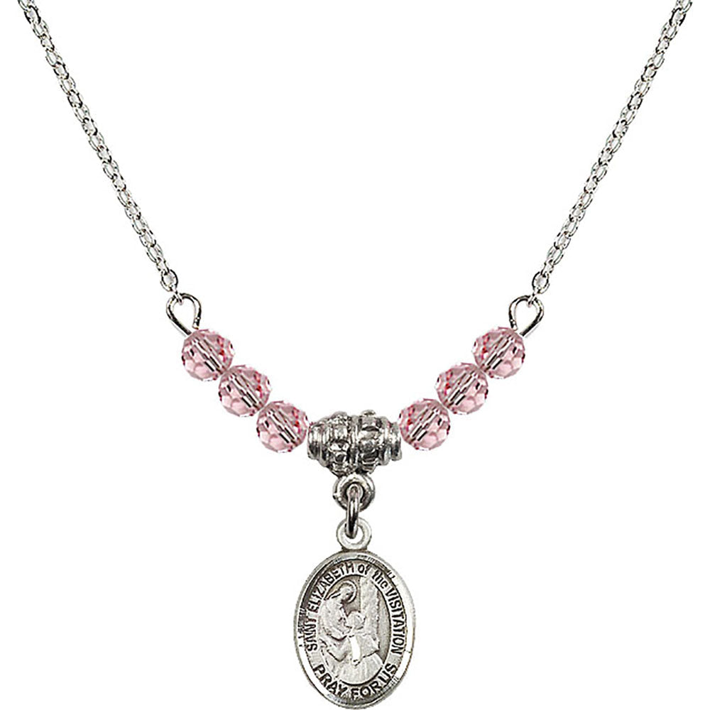 Sterling Silver Saint Elizabeth of the Visitation Birthstone Necklace with Light Rose Beads - 9311