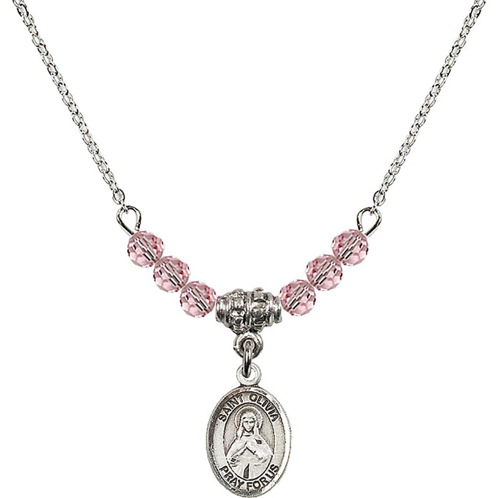 Sterling Silver Saint Olivia Birthstone Necklace with Light Rose Beads - 9312
