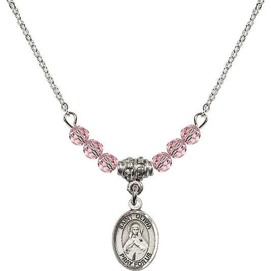 Sterling Silver Saint Olivia Birthstone Necklace with Light Rose Beads - 9312
