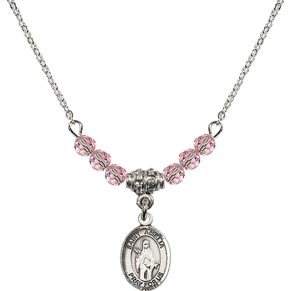 Sterling Silver Saint Amelia Birthstone Necklace with Light Rose Beads - 9313