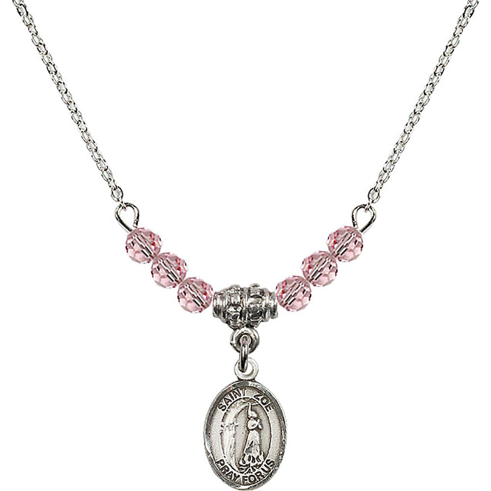 Sterling Silver Saint Zoe of Rome Birthstone Necklace with Light Rose Beads - 9314