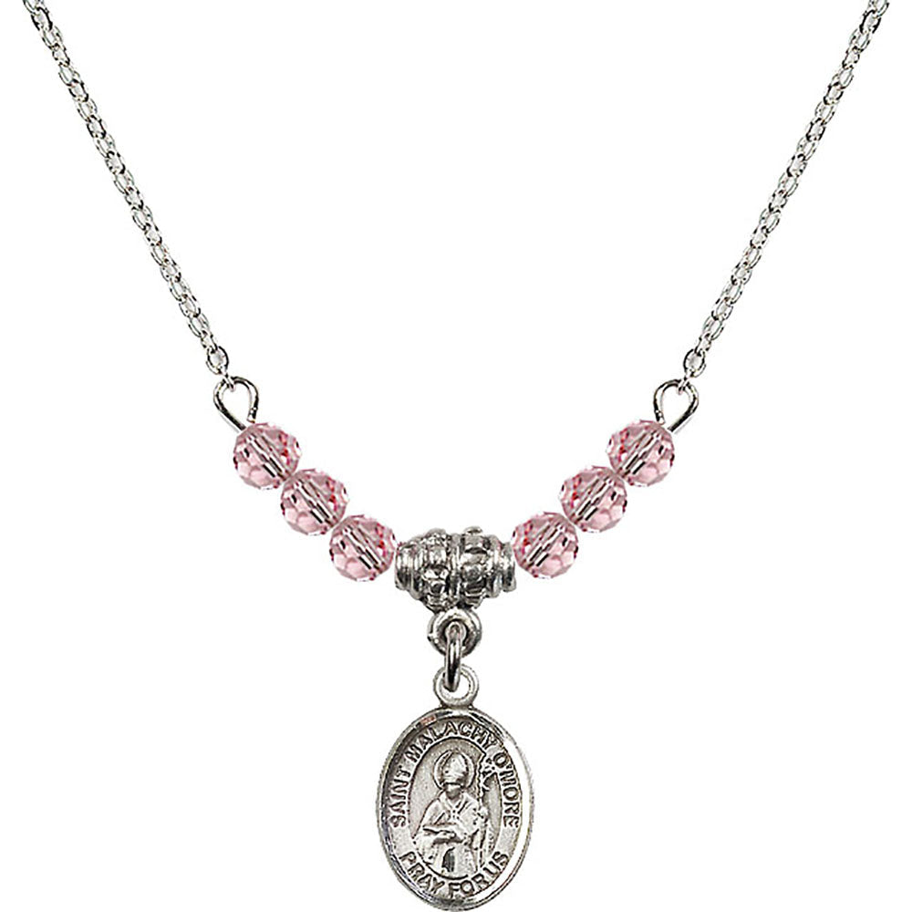 Sterling Silver Saint Malachy O'More Birthstone Necklace with Light Rose Beads - 9316