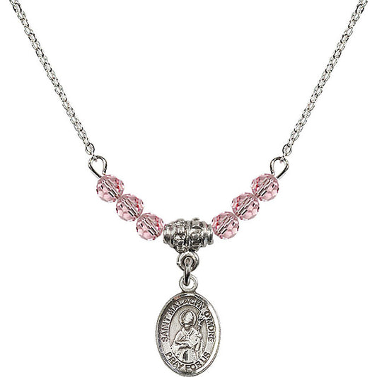Sterling Silver Saint Malachy O'More Birthstone Necklace with Light Rose Beads - 9316