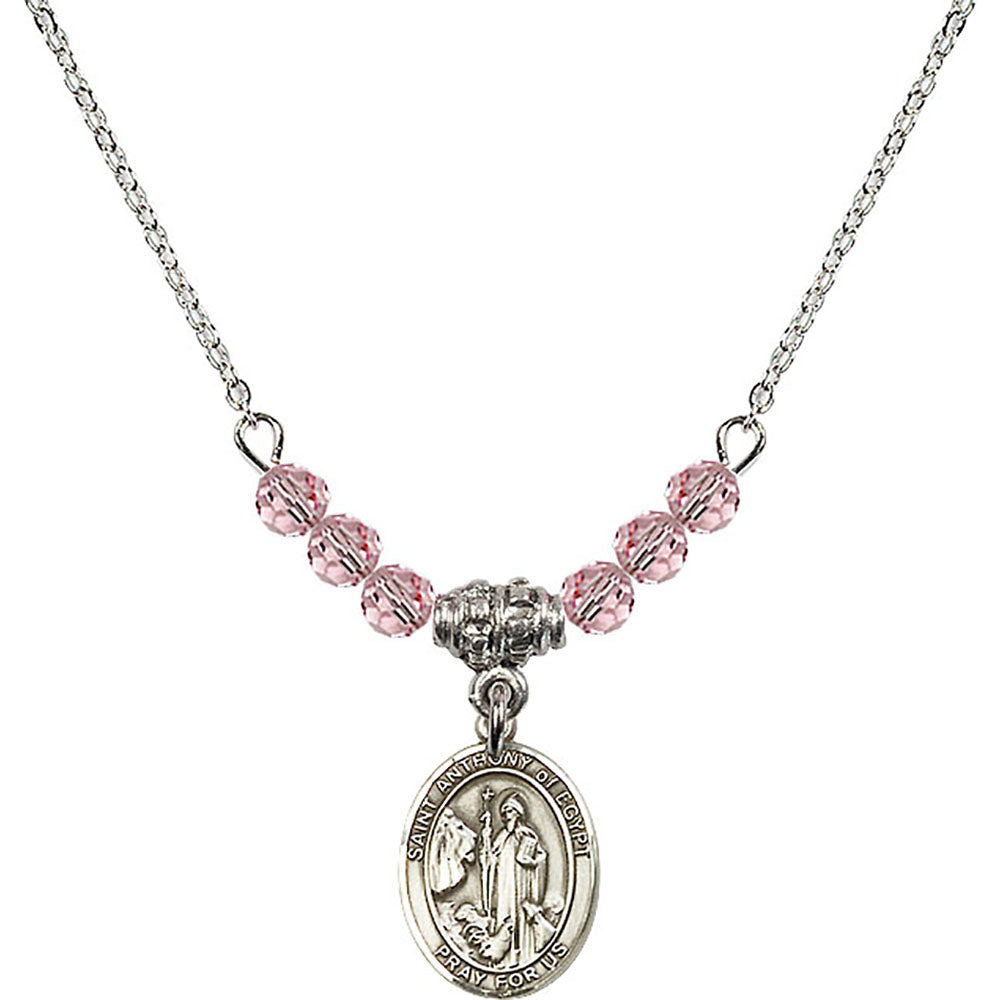 Sterling Silver Saint Anthony of Egypt Birthstone Necklace with Light Rose Beads - 9317