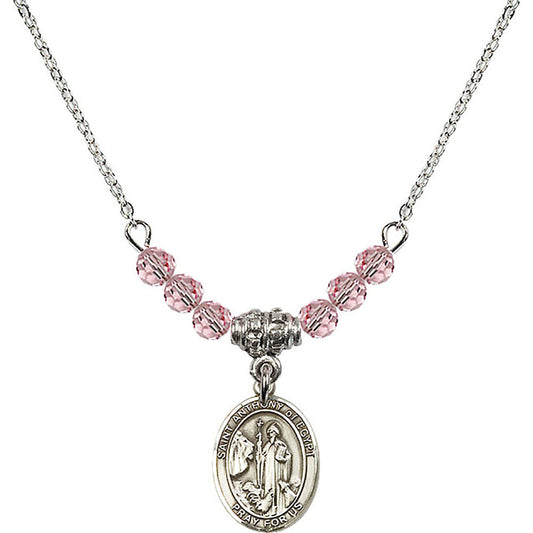 Sterling Silver Saint Anthony of Egypt Birthstone Necklace with Light Rose Beads - 9317