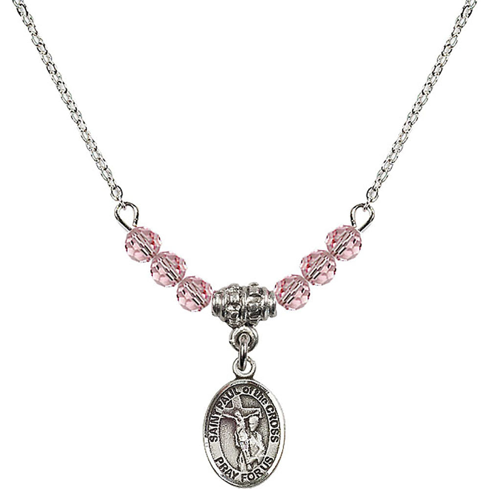 Sterling Silver Saint Paul of the Cross Birthstone Necklace with Light Rose Beads - 9318