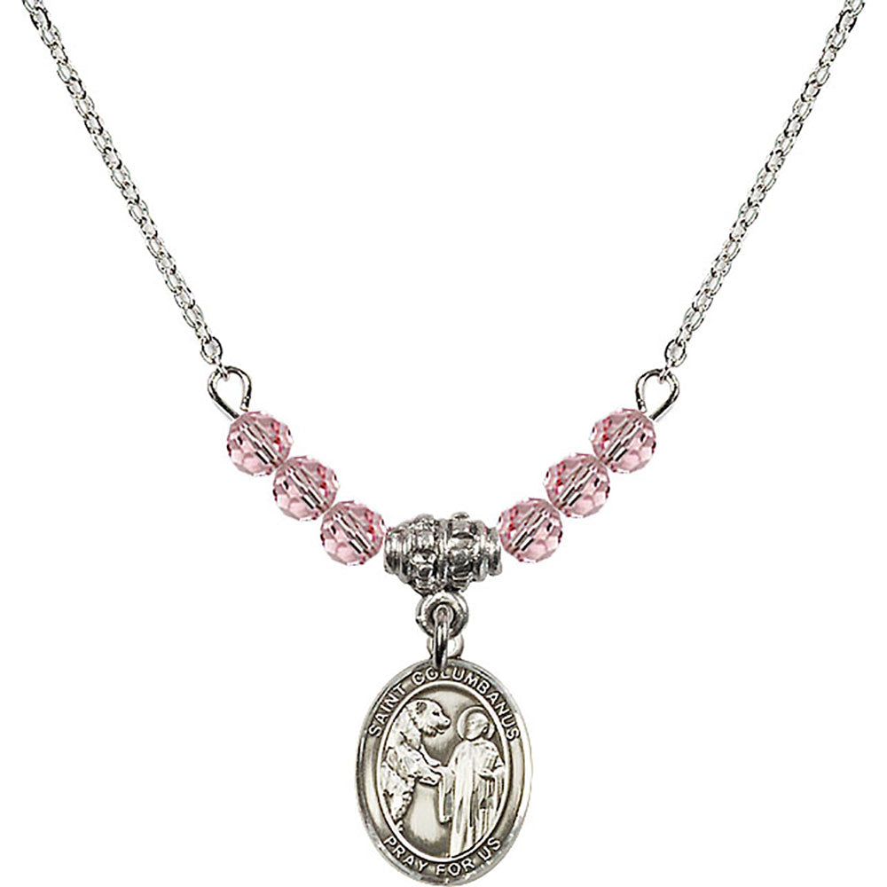 Sterling Silver Saint Columbanus Birthstone Necklace with Light Rose Beads - 9321